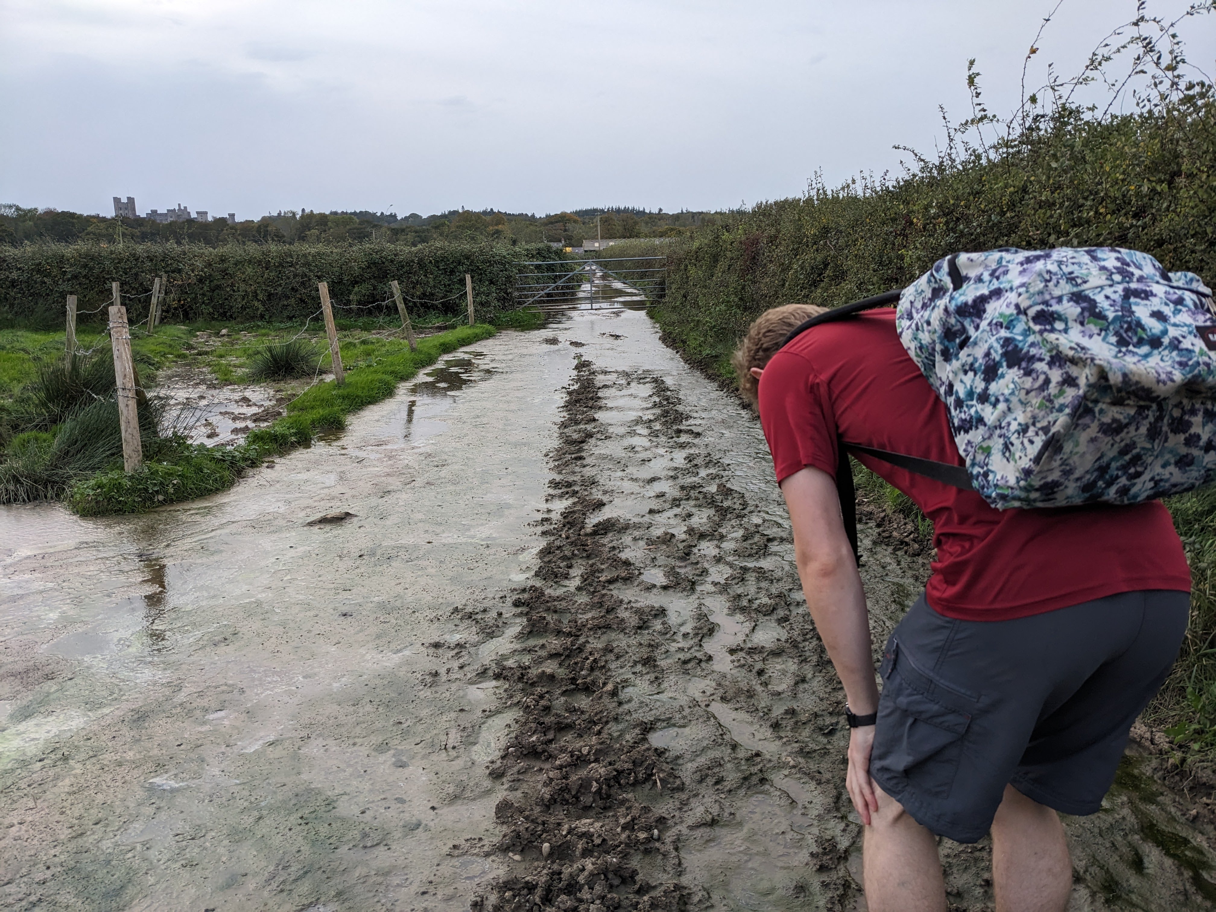 Ben reaches the gate but there's a large area of cow slurry infront and behind. Ben looks defeated.